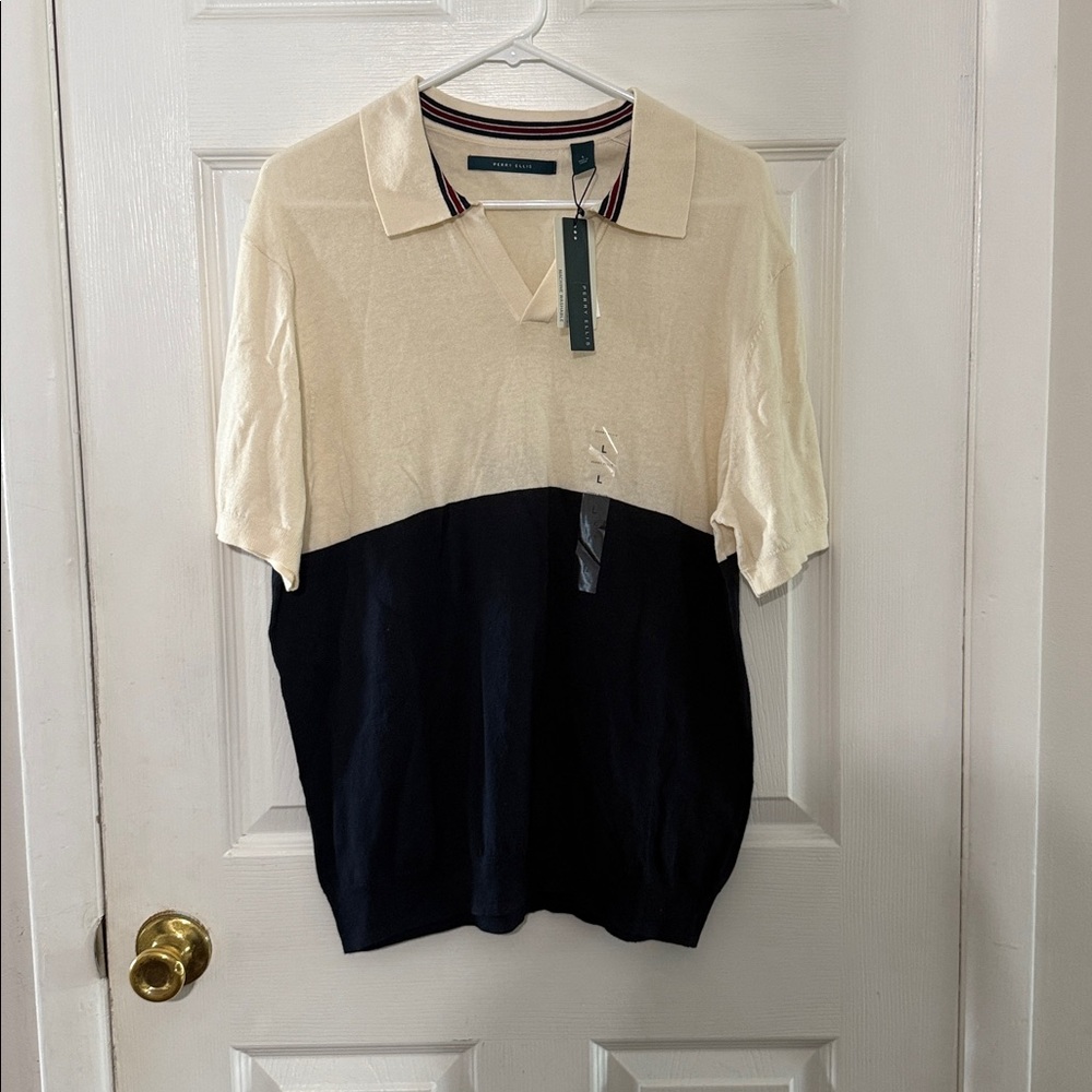 Perry Ellis Cream Polo with Navy Accents
